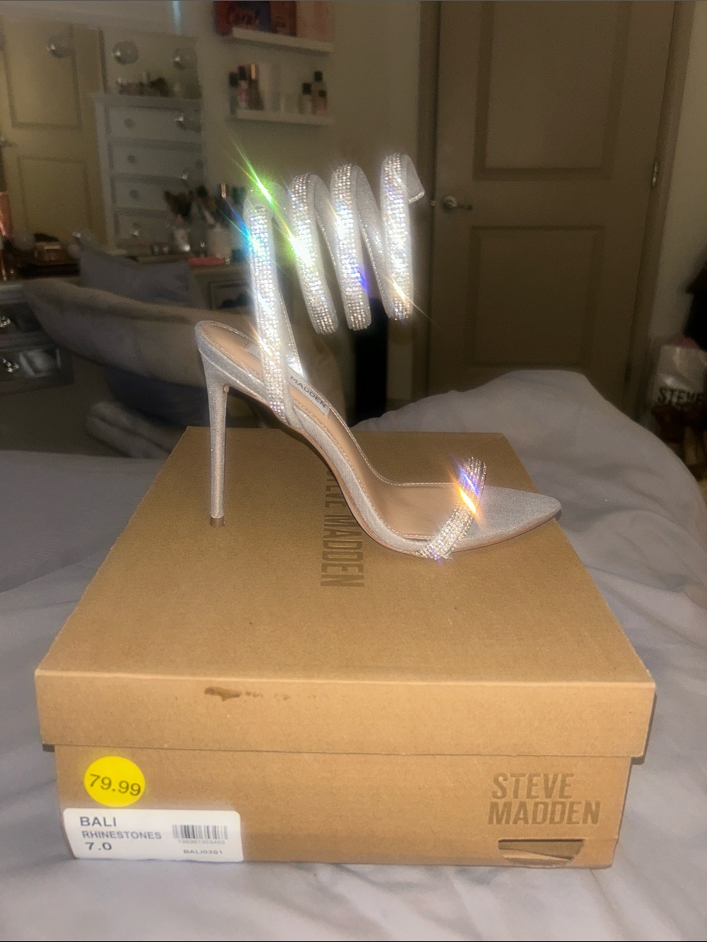 Steve Madden Silver Rhinestone Wrap-Ankle Stiletto Sandals